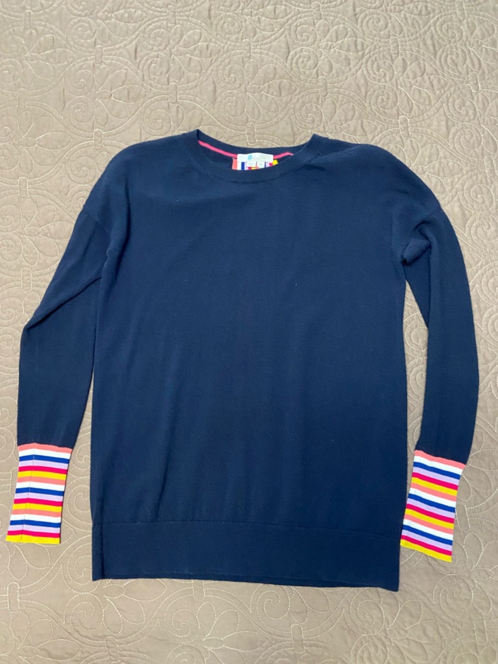 Boden Navy Sweater with Multicolor Stripe Trim